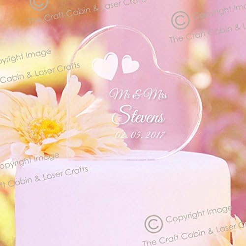 Mr &amp; Mrs Personalised Crystal Clear Acrylic Heart Wedding Cake Topper, Couple, Engagement, Anniversary