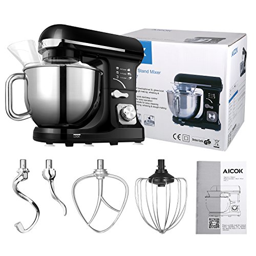 Aicok Küchenmaschine Edelstahl-Rührschüssel Durchlaufschnitzler 1000 Watt MK-37 Doppel-Beater 6-Gang mit 5-Liter Edelstahl-Schüssel, schwarz - 8