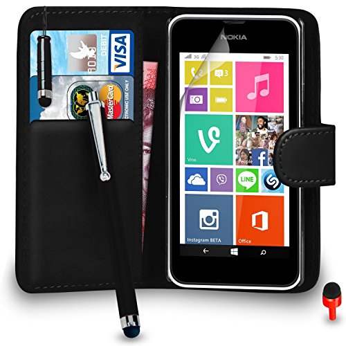 Nokia Lumia 530 Premium Leather Black Wallet Flip Case Cover Pouch + Mini Touch Stylus Pen + Big Touch Stylus Pen + Screen Protector &amp; Polishing Cloth SVL3 BY SHUKAN, (WALLET BLACK)