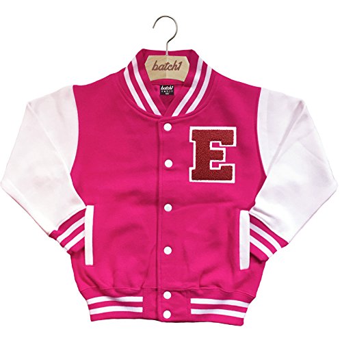 Batch1 Kids Varsity Baseball Jacket Personalised With Genuine Us College Letter E (9-11 Years, Hot Pink)