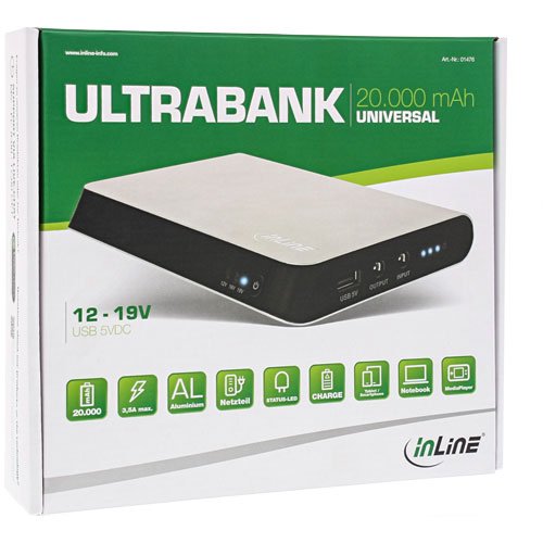 InLine Ultrabank Zusatzakku PowerBank (20000mAh) Ausgang 5V USB/12V/16V/19V silber - 10