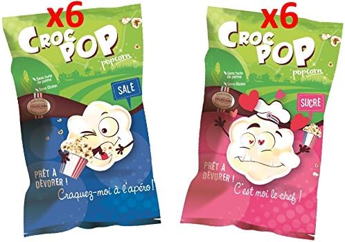 CROC POP popcornset of 12. 6 bags of sugar 90g, 6 bags of salty 45g.
