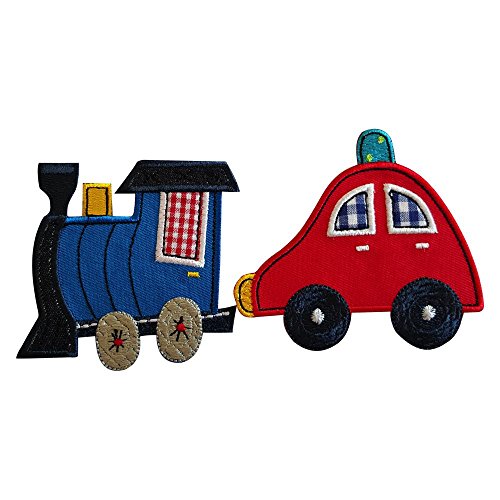 TrickyBoo Aufbügler Bügelbilder Set 2 Aufnäher Patches Polizeiauto 9X8cm Zug 8X7cm flicken Stoff Patch Kleider Aufnäher zum Aufbügeln auf Türschild Kissen Hemd Jeans Rock Hosen Kleider Kappe Hut Jacke Schal Halstuch Decke Rucksack Tasche Turnsack Fahne Wimpel für persönliche Geschenke mit Basteln Buben Buchstaben Bügel Motive Bügeln Dekorativ Design Diy Farbig Gute Jungen Kreative Kurzware Machen Mädchen Mercerie Mode Multi Nähen Stoff Applikationen Annähen Applikationen Baby Baumwolle