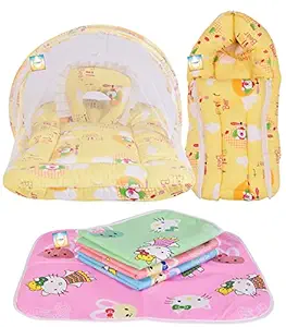 Bantoo New Born Baby Boys & Baby Girls Bedding Combo Mosquito Net Bed Sleeping Bag & Plastic Sheets Set (Yellow Pilot)