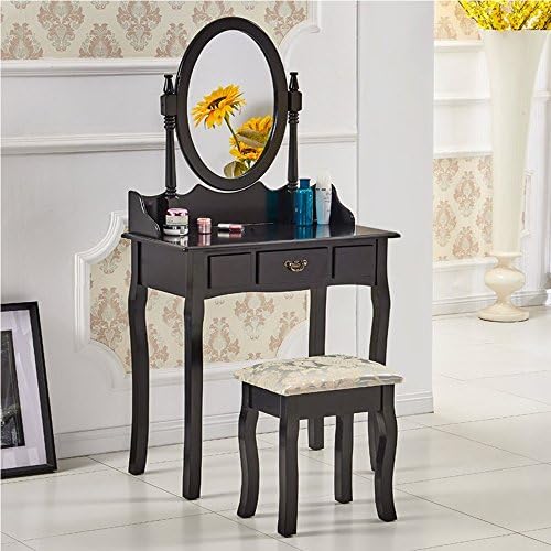 Willstone Vanity Dressing Table with Adjustable Mirror and Padded Stool Set, Vintage Style Bedroom Dresser Makeup Desk (1 Drawer Black)