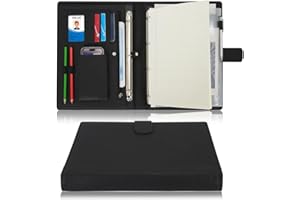 Wonderpool A4 PU Leather 4 Ring Holder Writing Portfolio Multi Document Case with Removable Binder Clipboard and Functional Pocket for Organizer Office Travel School (Black)