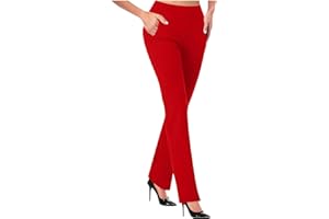 OVARA Pantalones de mujer con cintura elástica y pierna recta para mujer, de talle alto, para trabajo, oficina, negocios, lisos, finamente elásticos, con bolsillos