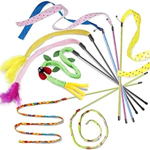 onebarleycorn – 8 Piezas Varita de Juguete para Gatos,Cinta de Tela Tease Cats Dancer Teaser Wand Kitten Interactivo Varilla Mascotas Coloridos Juguetes de Sonido