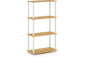 Furinno TURN-N-TUBE Standing Shelf, 4-Tier Open Shelving Unit with Round Tubes, Toolless Display Storage Shelves, for Organization and Storage, Living Room, Bedroom, Home Office, Blonde Maple
