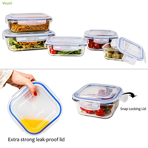 Vhari 5 Set Glas Lebensmittel Lagerbehälter * Airtight & Dicht * Backofen , Mikrowelle, Gefrierschrank und Spülmaschine Safe * 10 Stück (5 Glasbehälter + 5 BPA frei Lids ) * - 2