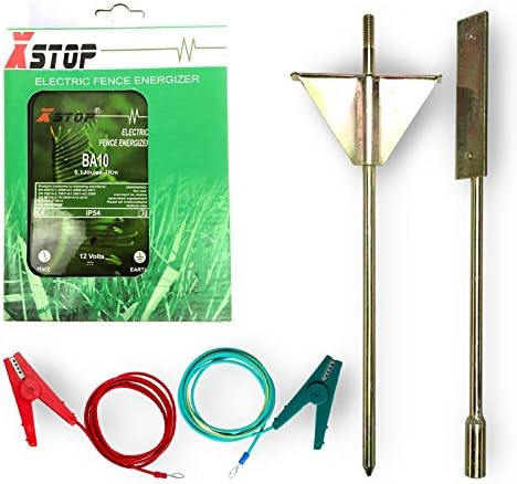 BA10 Electric Fence Energiser Fencer Energizer X-Stop 12v Battery Powered 1Km 0.1 Joule with Heavy Duty Earth Stake &amp; Leads
