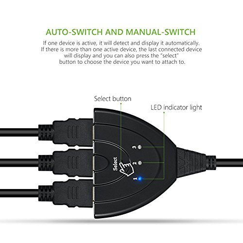 BlueBeach® Hochwertige 3 Port HDMI Switcher 3×1 Auto Switch 3-In-1-Out mit 28 AWG-HDMI-Kabel + Mikrofasertuch, 28 AWG-HDMI-Kabel (Pigtail Teil), Full HD 1080p HDMI Switch – flexible 3-Port-Switch | 3 x IN / 1 x OUT | Dolby True HD / intelligente Schalt automatische und manuelle Schalter HUB Box LCD HDTV - 2