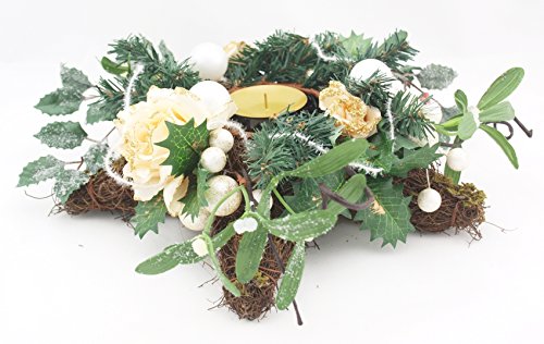 Preisvergleich Produktbild Adventskerzenhalter - Kerzenhalter - Tischgesteck - Weihnachtsgesteck - Adventskranz - Adventsgesteck - Adventgesteck - Weihnachtskranz - Weihnachtsstern - Stern - Rose und Kugel - Mistel und Stechpalme - Ø 30 cm