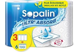 Sopalin Ultr'Absorb - 3 maxirullar 2 gånger längre = 6 klassiska rullar - 50% mer absorberande - halvark - FSC-certifierat blandat papper (C017535)