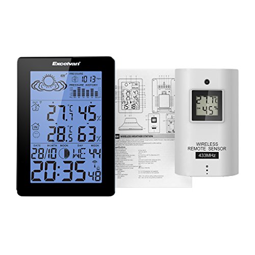 EXCELVAN Funkwetterstation wetterstation LCD Tabla Thermometer Außensensormit Präzisionsvorhersage Temperatur Feuchte Mond Barometer Schwarz - 4