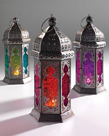 NEW MOROCCAN LARGE IRON & GLASS LANTERN (TEA LIGHT HOLDER) HOME & GARDEN (Red)