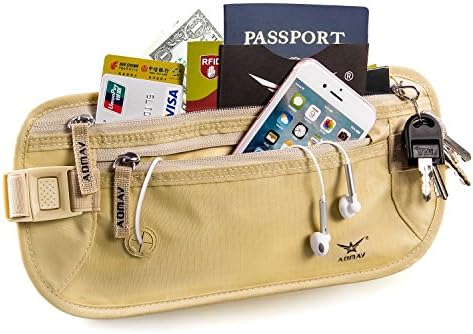 AOMAY RFID Money Belts for Travel wallet with 6 x Credit Card Protector and 2 x Passport pouch holder Waterpoof Secure RFID-blocker waist pack stash (BEIGE)
