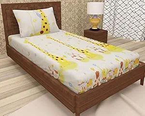 BOMBAY TWILLS Super Heavy Glace Cotton Kids Cartoon Single Bedsheet with 1 Pillow Cover (Yellow)