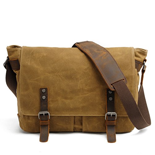 Y-DOUBLE Wasserdicht Vintage Canvas Leder Messenger Bag Umh  ngetasche Aktentasche Schultertasche 14 Zoll Laptoptasche Notebooktasche aus Canvas und L