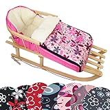Paket besteht aus: BAMBINIWELT KOMBI-ANGEBOT Holz-Schlitten mit Rückenlehne & Zugseil + universaler Winterfußsack (90cm), auch geeignet für Babyschale, Kinderwagen, Buggy, aus Wolle DESIGN (pink rosa Blumen)