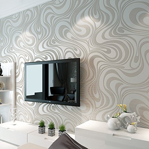 3D Curved Abstract Thick Non-woven Wallpaper Flocking Striped Wall Decal Stickers for Bedroom Living Room 0.7*8.4m/2.3*27.6 ft (White)