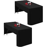Lumaycens 2 Pack Black Tablecloths with Open Back Adjustable for 6 Foot Folding Table, Washable Polyester Fabric, Black Table
