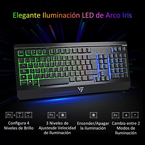 VICTSING Teclado Gaming Espa  ol USB  LED Multicolores Rainbow Retroiluminaci  n con 12 Teclas Multimedia y 19 Teclas Anti-ghosting  Teclado Retroiluminado Espa  ol de Panel Completamente Met  lico Ideal para Juegos-Negro