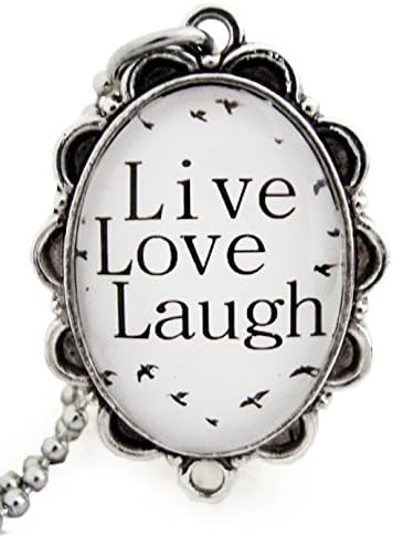 Women's Vintage Long Necklace with Pendant Live Love Laugh Fashion Jewellery Black White 25 x 18 mm Cabochon Silver