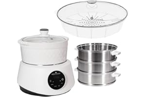 ‎KEMAR KITCHENWARE KFS-3000 Dampfgarer, Hot Pot, Fondue mit Touch Display, 3 Dampfkörbe aus Edelstahl, 4 Programme, Timer, Steamer (KFS-3000 + XXL Dämpfkorb + Keramiktopf)