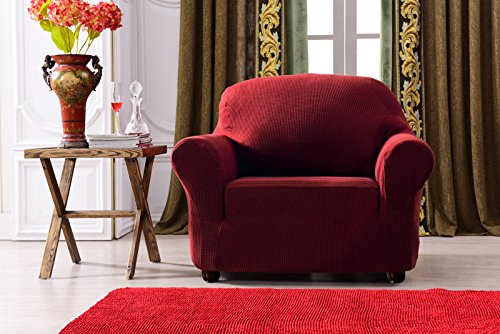 Subrtex kariert Sofabezug Sofahusse Sesselbezug Stretchhusse Sofaüberwurf Couchhusse Spannbezug in verschiedenen Farben (Sessel, Weinrot) - 2
