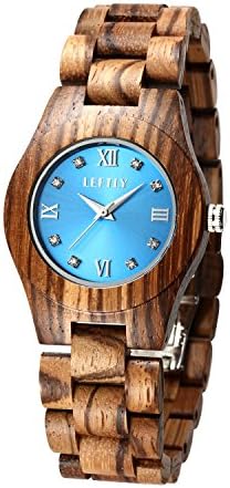 LEFTLY Women Wooden Watch Quartz Movement Blue Face Lightweight Wood Wrist Watches