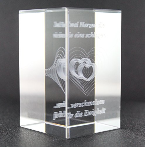 VIP-LASER 3D XL Glaskristall Herzen mit dem Text Zwei Herzen die wie eins schlagen … verschmolzen für die Ewigkeit! das perfekte Liebesgeschenk zum Jahrestag oder Valentinstag! - 3