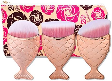 3PCS Rose Gold Mermaid Powder Brush Set, DAXUN Fish Scale Design Fishtail Loose Powder Foundation Blush Concealer Cosmetic Makeup Tool Oblique Oval / Flat / Round Head with Free Brush Carrying Bag