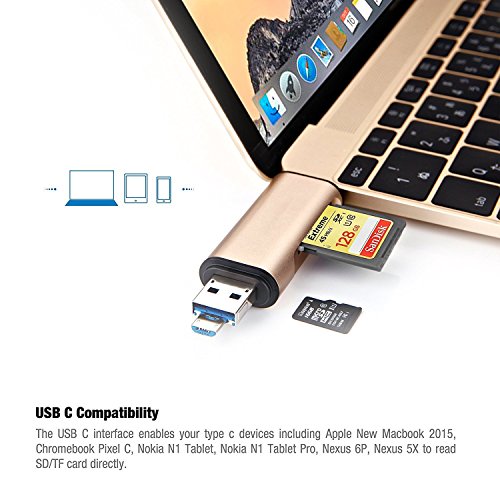 Jelly Comb USB3.0 SD TF Kartenleser mit Adapter 3-in-1 USB-A / Micro USB / USB-C Typ-C, SuperSpeed Memory Card Reader USB Kartenlesegerät für Micro SD/SDXC TF Kartee, Gold - 7