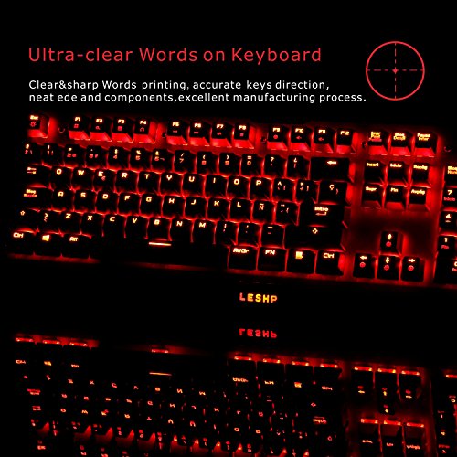 LESHP Teclado Mec  nico Gaming con Disposici  n Espa  ola  retroiluminaci  n LED rojo  105 teclas  tiene    