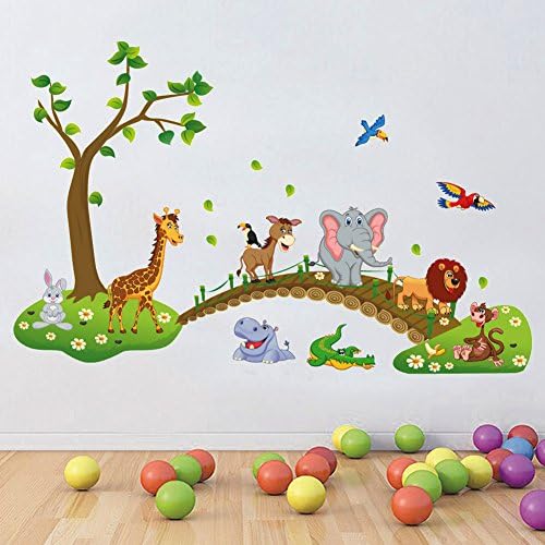 Nsrzhp Removable Jungle Zoo Animal Across the Bridge Cartoon Wall Sticker Wall Decals Kindergarten Wall Sticker Wallpaper for Kids Children Room Decoration