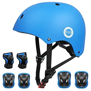XJD Kids Helmet 8-13 Years Boys Girls Adjustable Sports Protective Gear Set from Toddler to Youth Helmet Knee Elbow Wrist Pads Cycling Roller Scooter Bicycle Bike Skateboard Protector Blue M
