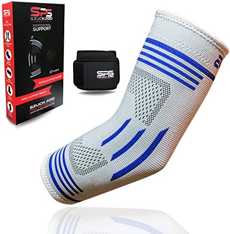 SPS Elbow Brace Compression Support Sleeve for Tendonitis+ Adjustable Wrist Supports for Workouts Weightlifting Tennis and Golfer's Elbow Tendonitis Elbow Sleeves Support Unisex by Szuch Pro Sports (Grey-Blue, XL: 12" to 13.5")