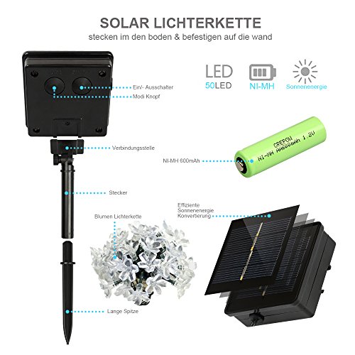 Solar Lichterkette, InnooTech LED Solar Blumen Lichterkette 5 Meter 50er Warmweiß, Außerlichterkette Deko mit 2 M Zuleitungskabel für Garten, Hochzeit, Party usw … - 6