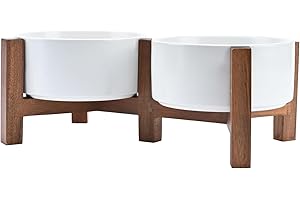 SPUNKYJUNKY Dog Bowl Ceramic Double Dog Feeding Bowl Raised Bowl with Acacia Wood Stand for Cats and Dogs (850 ml, White)