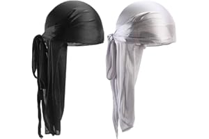 HYRKOTW 2 PCS Silky Durag, Unisex Durag Fasce Larghe per Capelli da Pirata per la Perdita dei Capelli, Cappello Turbante per Donne e Uomini Hip-Hop e Decorazione Quotidiana (Nero+Grigio argento)