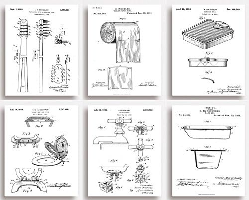 Bathroom Patent Prints - Set of 6 - Quirky Gift for Your Bathroom (unframed) (149 x 203mm (6"x8"))