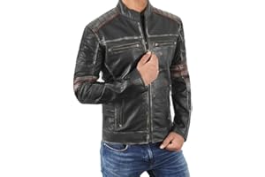 Fashion_First Men's Cafe Racer Retro Biker Vintage Distressed Black Genuine Leather Motorcycle Jacket