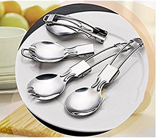 Stainless steel folding spoon fast food salad spoon fork cutlery outdoor camping (Set of 4)-Spoon Combo Utensil – Flatware for Camping, Mess Kits, Survival Gear, Prepper Supplies – Indoor/Outdoor Use