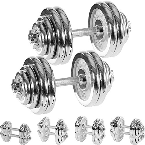 MOVIT® Chrom Gusseisen Kurzhantel 2er Set, Varianten 30kg, 40kg, 50kg, 60kg, gerändelt mit Sternverschlüssen Chrom-Hantel-Set
