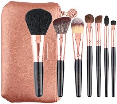 Kraumetik 7 Pieces Makeup Brushes Professional Eyeshadow Travel Brush Set Wood Handle with Travel Pouch (Pink zipper bag)