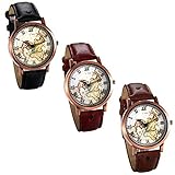 JewelryWe 3pcs Herren Damen Armbanduhr, Retro Analog Quarz Weltkarte Globus Karte Uhr mit Römischen Ziffern Zifferblatt und Leder Armband, Farbe: Rot, Braun, Schwarz