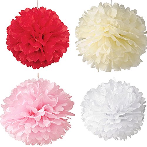 iShine 8er Set Seidenpapier PomPoms (Rote weiß Rosa Elfenbein) für Hochzeit Party Deko - 5