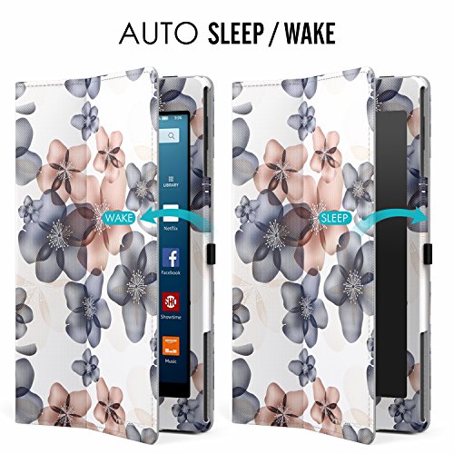 MoKo Hülle für Fire HD 8 2016 – Kunstleder Ständer Schutzhülle Smart Cover mit Auto Schlaf / Wach Funktion und Stift-Schleife für Fire HD 8 Tablet (6. Generation – 2016), Blumen Marineblau - 6