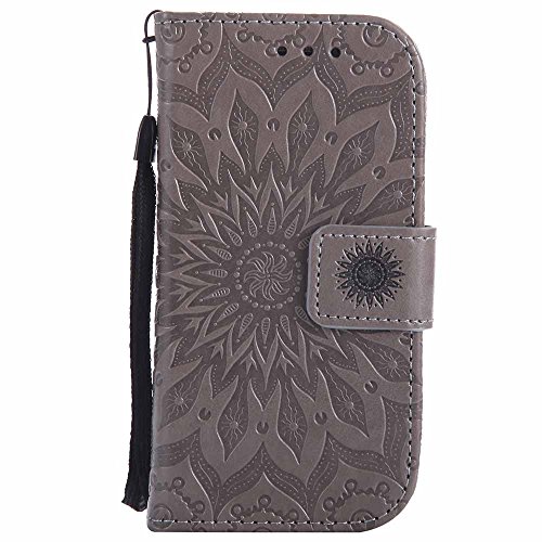 Galaxy S4 Mini Hülle, Dfly Premium Slim PU Leder Mandala Blume prägung Muster Flip Hülle Bookstyle Stand Slot Schutzhülle Tasche Wallet Case für Samsung Galaxy S4 Mini i9190, Grau - 2